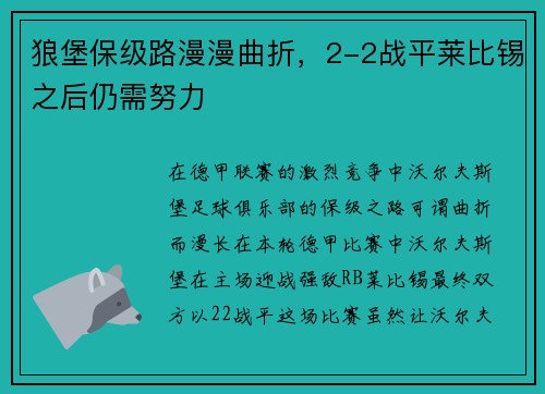 狼堡保级路漫漫曲折，2-2战平莱比锡之后仍需努力